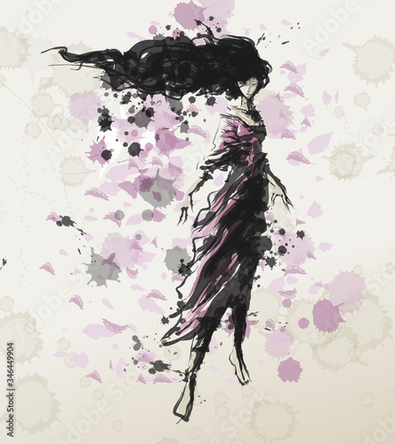 chinese ink style lady woman in the wind photo