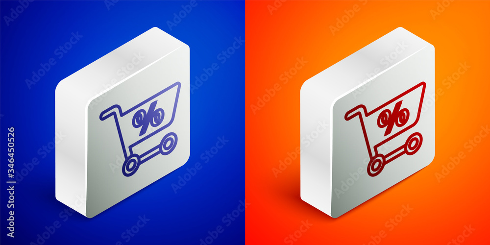 Isometric line Shopping cart icon isolated on blue and orange background. Online buying concept. Delivery service sign. Supermarket basket symbol. Silver square button. Vector Illustration Isometric line Shopping cart icon isolated on blue and orange background. Online buying concept. Delivery service sign. Supermarket basket symbol. Silver square button. Vector Illustration