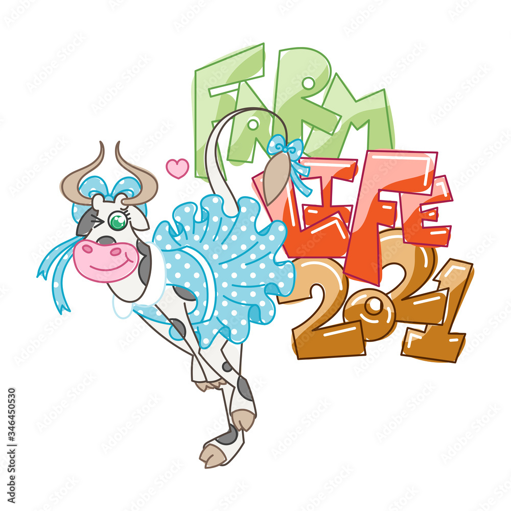 Fototapeta premium Happy dancing pin-up cartoon smiling cow in cute dotted dress