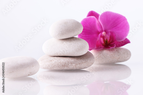 Wellness  relax  massage and wellbeing concept. Spa stones and orchid flower over white background