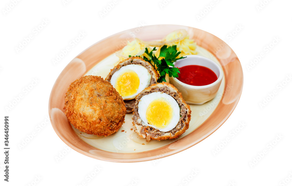 Meat balls stuffed with eggs isolated on white, food menu Meat balls stuffed with eggs isolated on white, food menu
