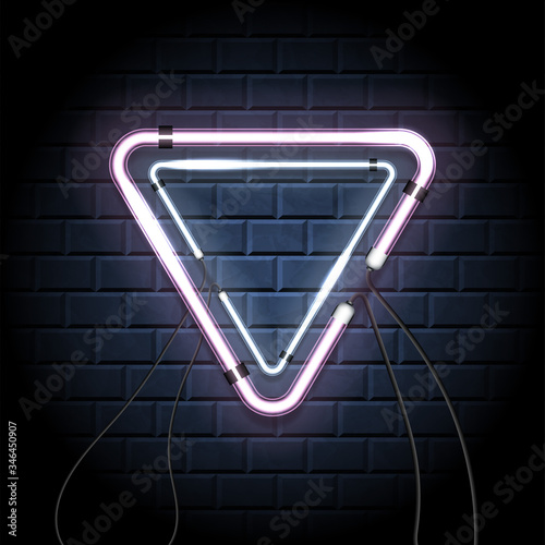 Neon shine double triangle with empty place for your text. Vintage electronic luminous dual delta frame