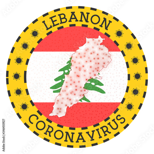 Coronavirus in Lebanon sign. Round badge with shape of Lebanon. Yellow country lock down emblem with title and virus signs. Vector illustration. photo