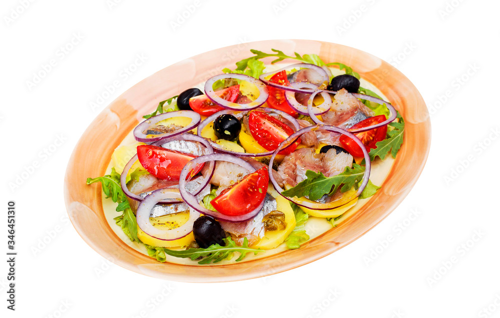 green salad with fish isolated on white, food menu green salad with fish isolated on white, food menu