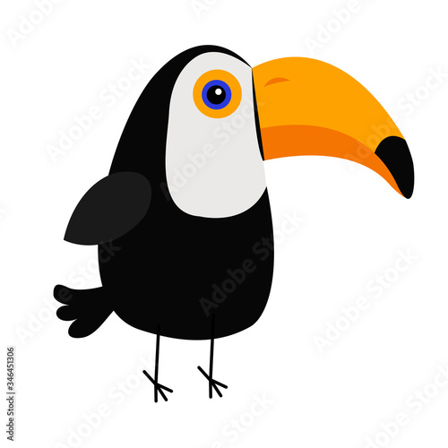 Cute toucan. Toco Beautiful Exotic tropical bird. Big yellow beak icon. Zoo baby animal collection. Cartoon kawaii baby character. Decoration element. Flat design. White background. Isolated