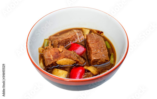 Beef in dark sauce isolated on white,  food menu 