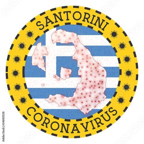 Coronavirus in Santorini sign. Round badge with shape of Santorini. Yellow island lockdown emblem with title and virus signs. Vector illustration.