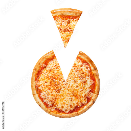 Pizza margarita slice top view isolated on white background. Pizza with cheese and tomato
