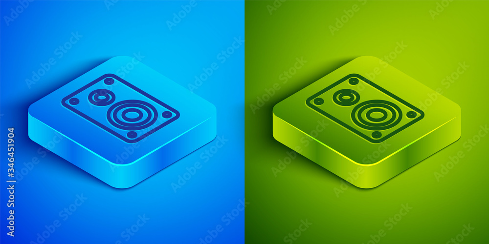 Isometric line Stereo speaker icon isolated on blue and green background. Sound system speakers. Music icon. Musical column speaker bass equipment. Square button. Vector Illustration Isometric line Stereo speaker icon isolated on blue and green background. Sound system speakers. Music icon. Musical column speaker bass equipment. Square button. Vector Illustration