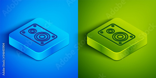 Isometric line Stereo speaker icon isolated on blue and green background. Sound system speakers. Music icon. Musical column speaker bass equipment. Square button. Vector Illustration