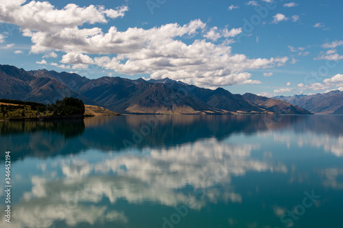 Reflection of lake Hawea in South island  New Zealand