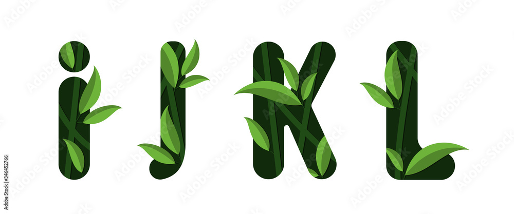 Letters I J K L of the alphabet. Leaf design.