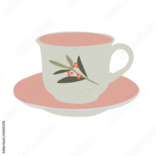 White tea Cup on a saucer with pink inserts.