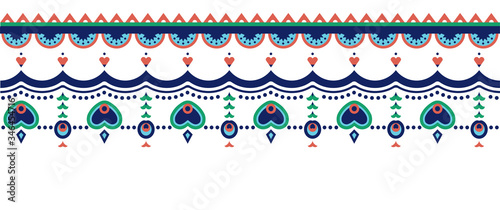 Ethnic seamless border with hanging heart and flower motifs 