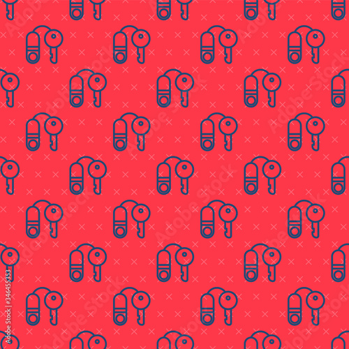 Blue line House with key icon isolated seamless pattern on red background. The concept of the house turnkey. Vector Illustration