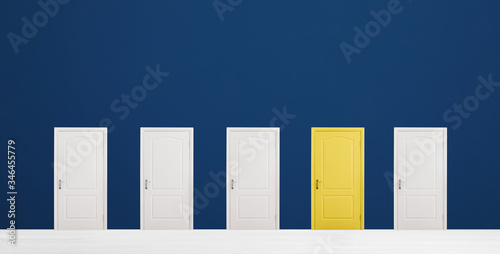 Yellow door among white ones in room. Concept of choice