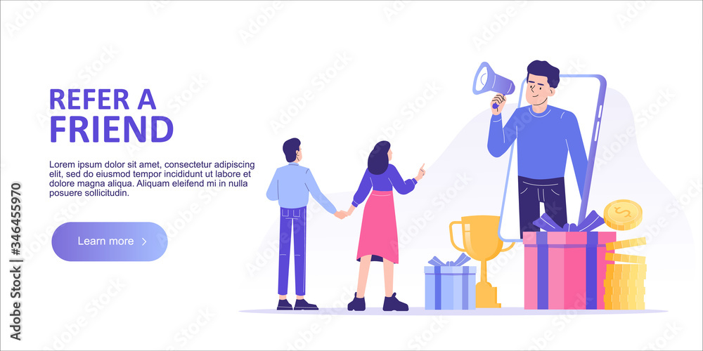 Referral marketing concept. Happy man with a megaphone invites his friends to referral program. Refer A Friend loyalty program. Landing page template. Web banner. Modern isolated vector illustration