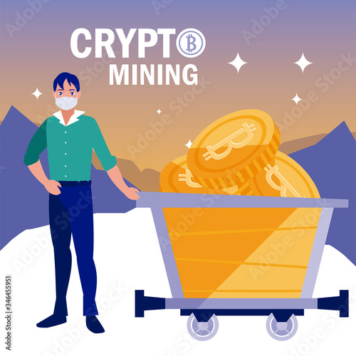 Man with mask and bitcoins inside cart vector design