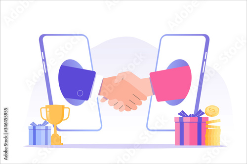 Referral marketing concept. Business people shaking hands in big smartphone. Refer A Friend loyalty program. Social communication, social media marketing. Promotion method. Vector illustration 