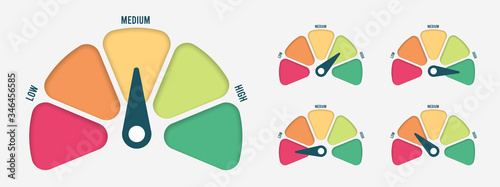 Radial scale from red to green with arrow hand pointer. Vector illustration.