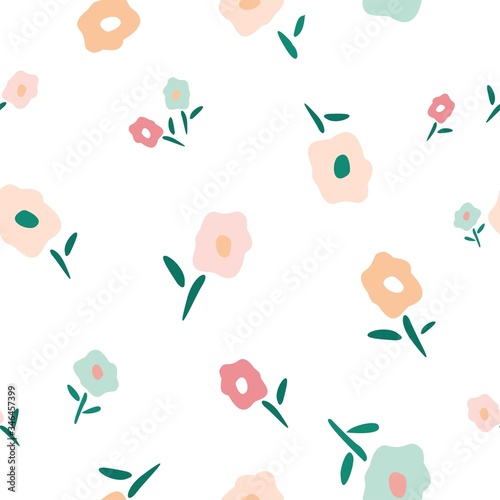 Cute seamless pattern with decorative flowers in pastel colors. Printing on fabric for children, flower shop packaging paper. Elegant delicate floral background for needlework. Vector illustration.
