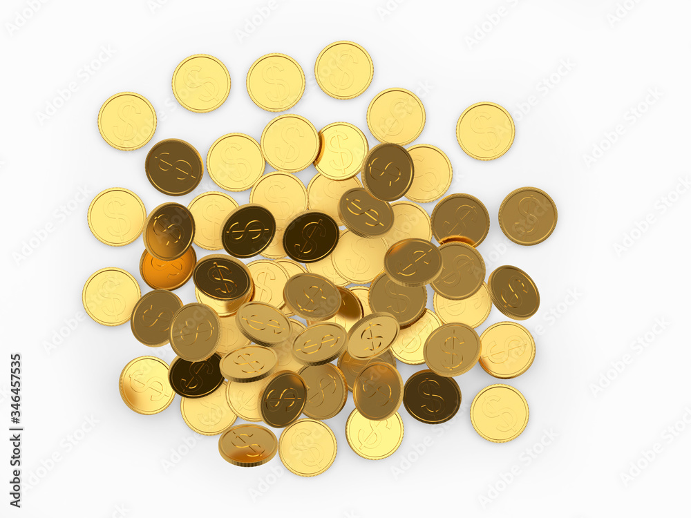 Pile of golden dollar coins falling isolated on white. View from above. 3D illustration Pile of golden dollar coins falling isolated on white. View from above. 3D illustration