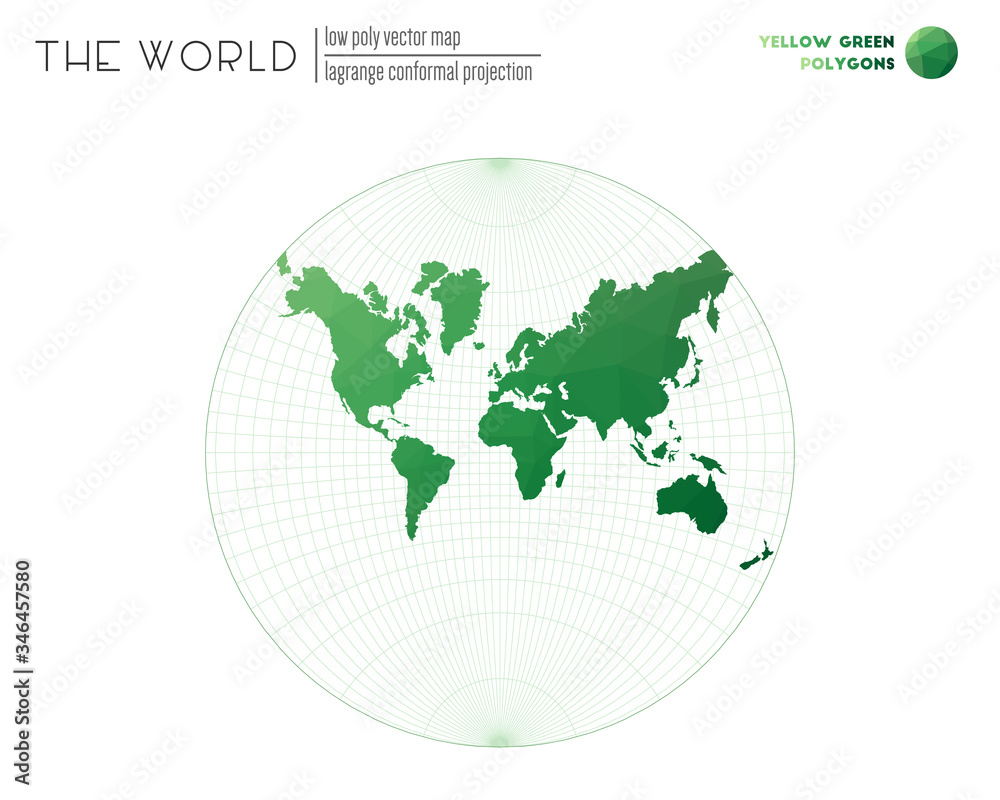 Abstract world map. Lagrange conformal projection of the world. Yellow Green colored polygons. Energetic vector illustration. Abstract world map. Lagrange conformal projection of the world. Yellow Green colored polygons. Energetic vector illustration.