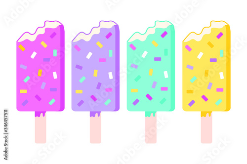 Ice lolly. Color  ice-cream of different taste with  toppings. Summer dessert. Vector illustration