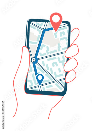 App with navigator to track route. Hand holding gps device.