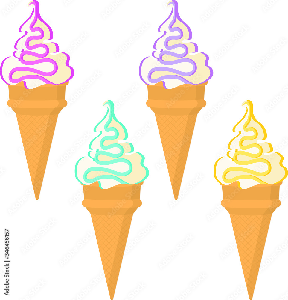 Ice cream in a waffle cup. Ice-cream cone of different taste with toppings. Summer dessert. Vector illustration Ice cream in a waffle cup. Ice-cream cone of different taste with toppings. Summer dessert. Vector illustration