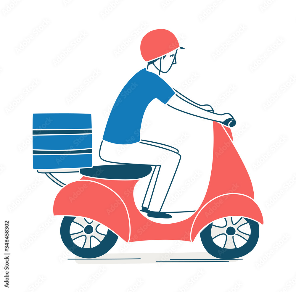 Courier delivering. Order from an online store, deliveryman driving scooter. Courier delivering. Order from an online store, deliveryman driving scooter.