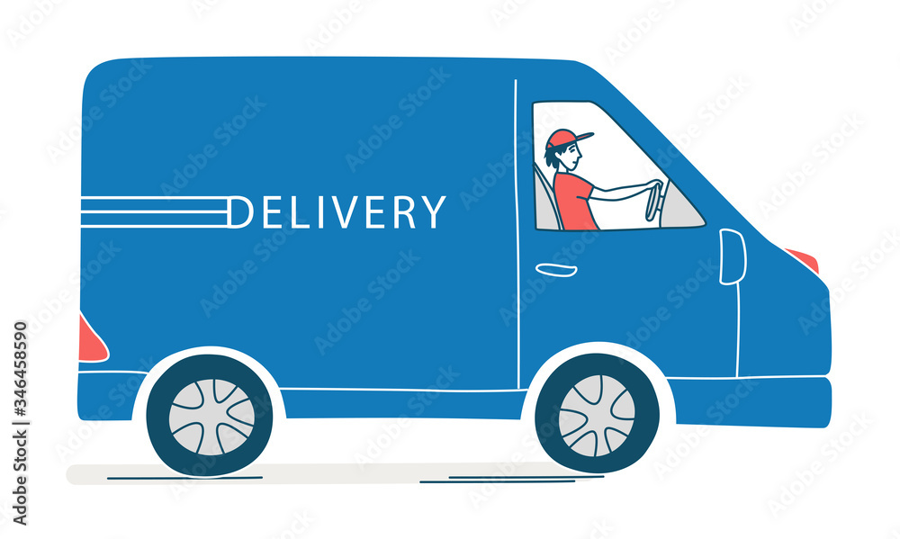 Courier delivering. Order from an online store, deliveryman driving van. Courier delivering. Order from an online store, deliveryman driving van.