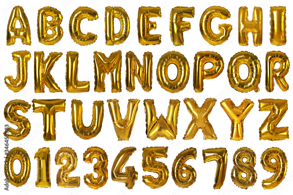 Set with golden foil balloons in shape of letters and numbers on white background Set with golden foil balloons in shape of letters and numbers on white background