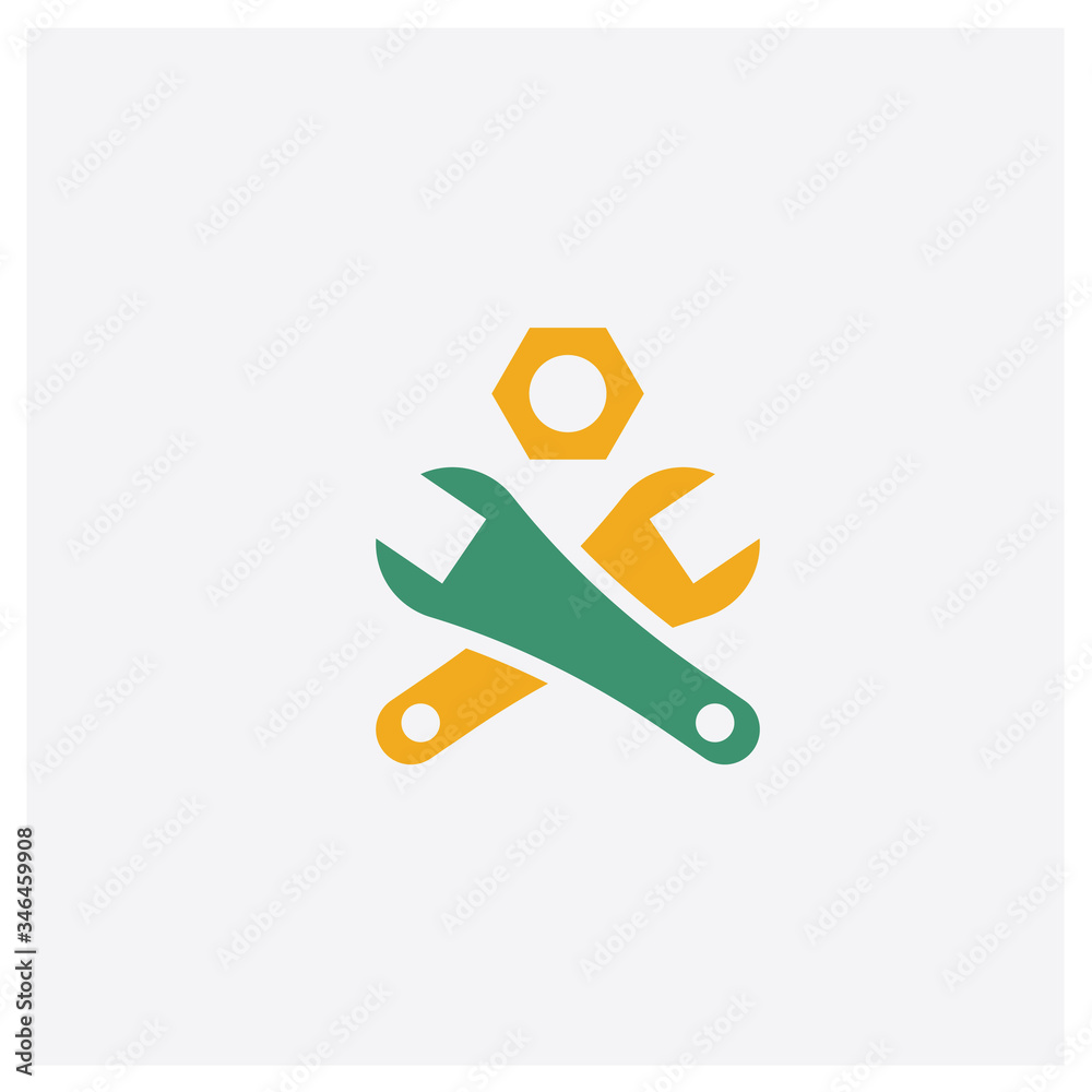 Wrench and Nut concept 2 colored icon. Isolated orange and green Wrench and Nut vector symbol design. Can be used for web and mobile UI/UX
