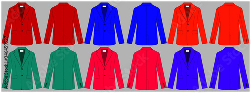Classic jacket for women and men. Set of color unisex blazers. Rear and front view. Basic clothes in business style. Dress-coat. Business attire. A uniform. Vector illustration