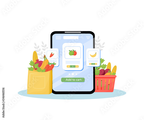 Greengrocery online ordering flat concept vector illustration. Vegetables and fruits store, fresh organic produce delivery service. Internet grocery mobile application creative idea