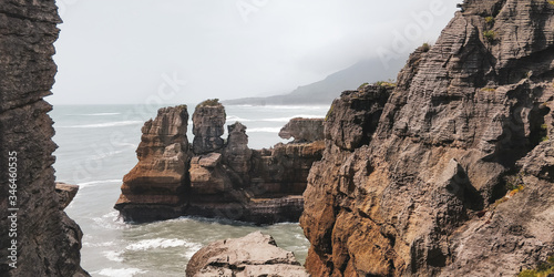 Pancake Rocks formations with view on the ocean in New Zeland South Island