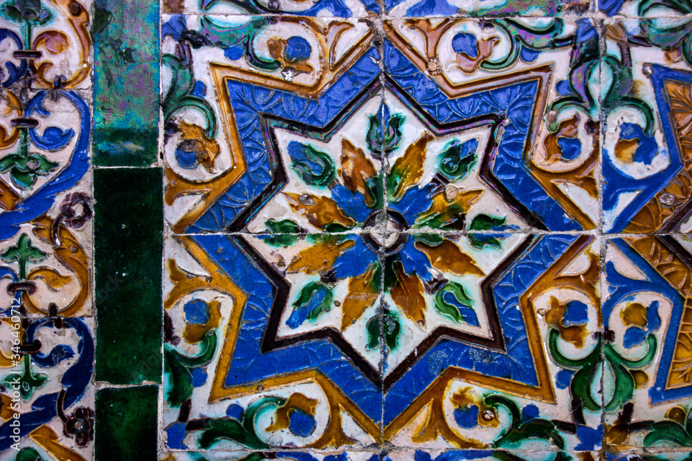 Traditional tiled wall decoration in a city palace in Seville, Spain