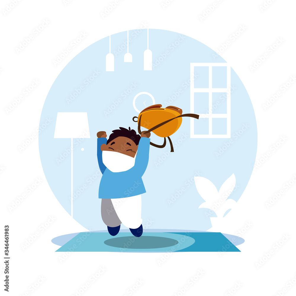 Boy kid cartoon with mask and school bag at home vector design