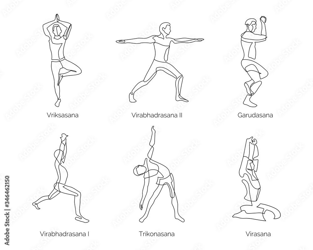 Yoga poses. Black isolated on white background. Continuous line drawing ...