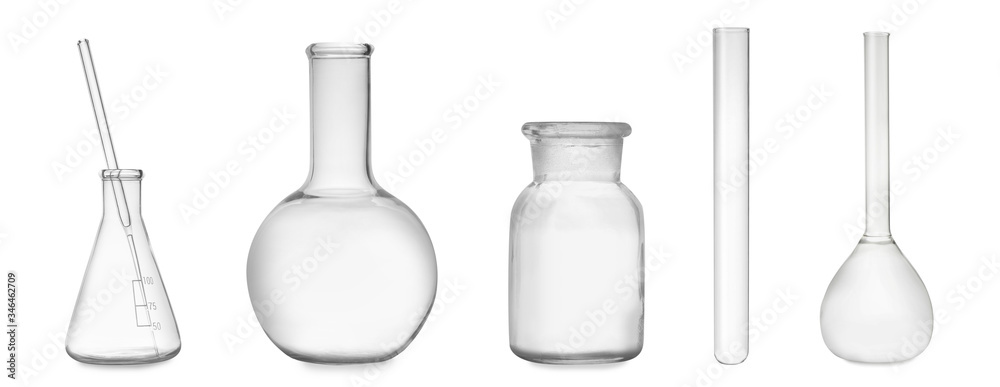 Set of laboratory glassware on white background. Banner design Set of laboratory glassware on white background. Banner design