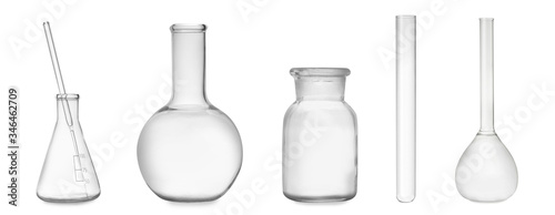 Set of laboratory glassware on white background. Banner design