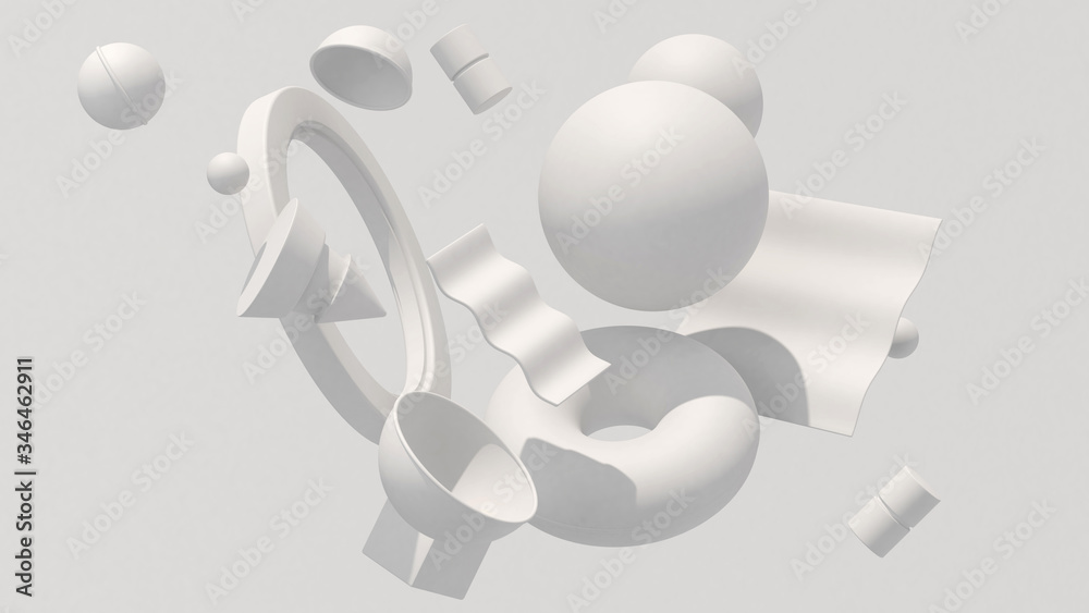 White geometric shapes, hard light. Abstract illustration, 3d render.