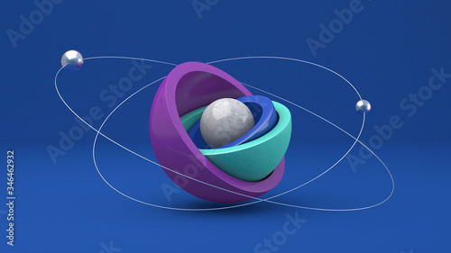 Purple, blue, mint hemispheres. Metallic balls. Abstract illustration, 3d render.