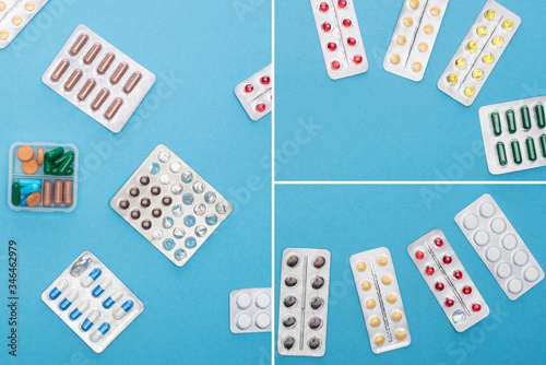 collage of colorful pills in blister packs and plastic container on blue background