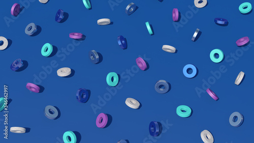 Colorful rings  blue background. Abstract illustration  3d render.
