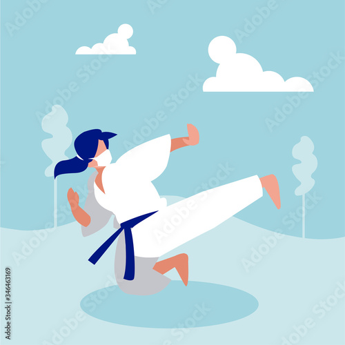 Woman with mask doing karate at park vector design