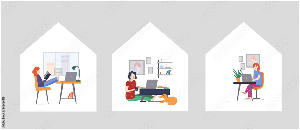A series of illustrations about working from home in a cozy environment with your pet. Girl working on a laptop in a home office. A series of illustrations about working from home in a cozy environment with your pet. Girl working on a laptop in a home office.