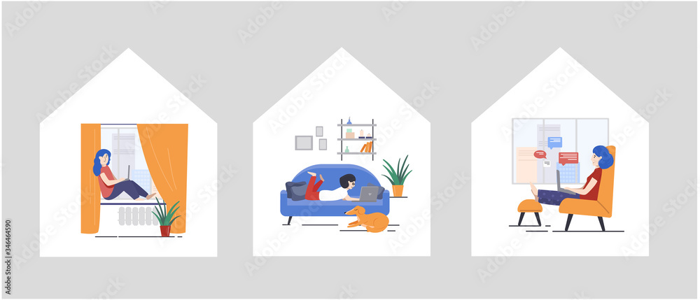 A series of illustrations about working from home in a cozy environment with your pet. Girl working on a laptop in a home office. A series of illustrations about working from home in a cozy environment with your pet. Girl working on a laptop in a home office.