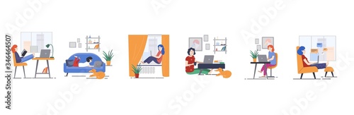 A series of illustrations about working from home in a cozy environment with your pet. Girl working on a laptop in a home office.